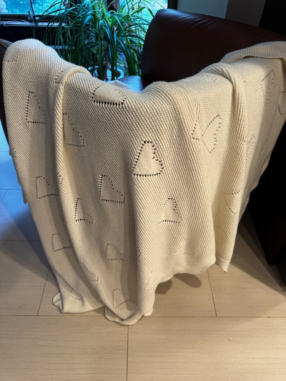 Cream Knit Heart Pattern Throw Blanket – Approx. 61” x 49”